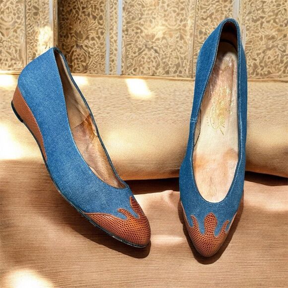 Vintage Denim Wedge Platform Heels 7.5 Retro Pointed Almond Western - Picture 1 of 7
